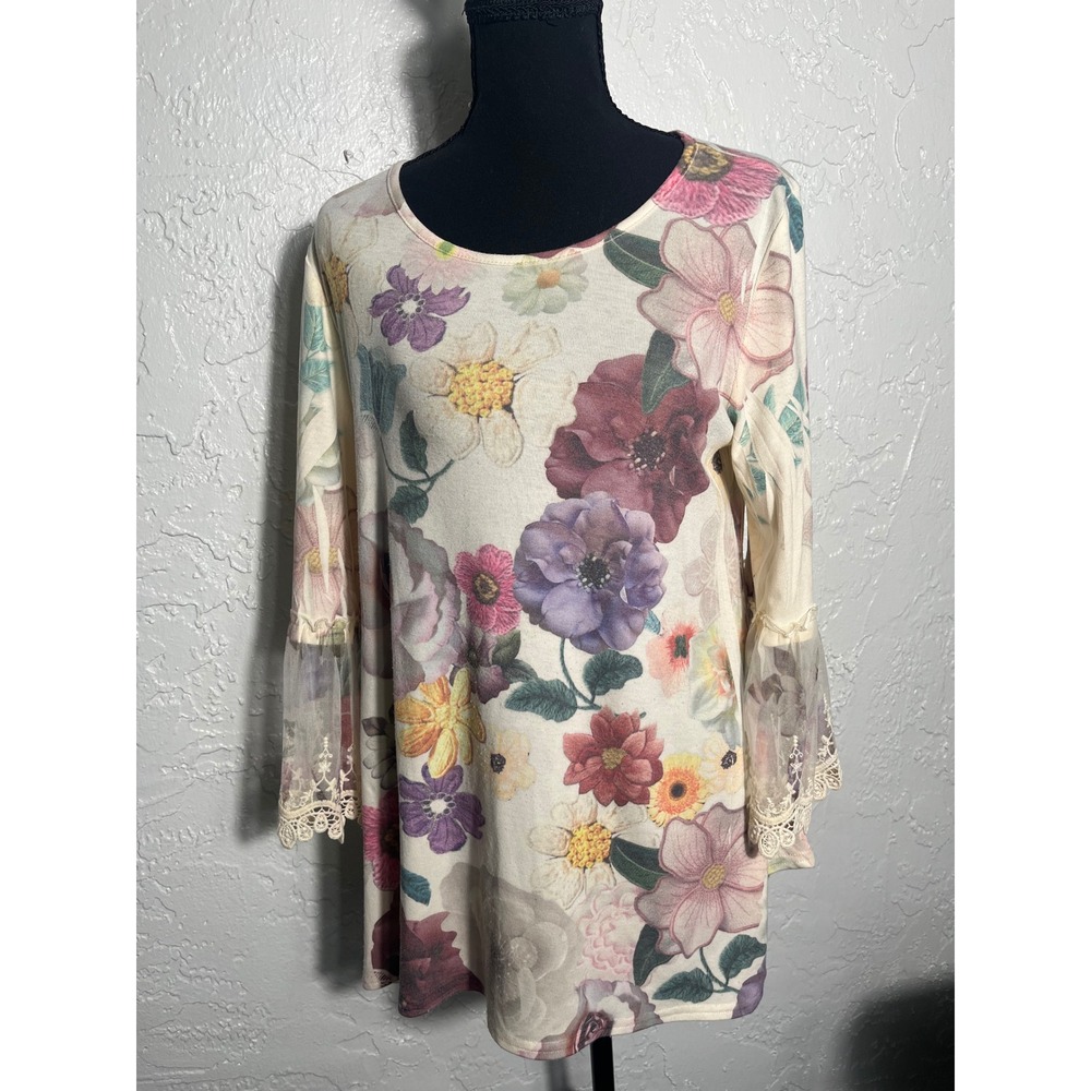Origami Floral Tunic Top Womens L Lace Mesh Bell Sleeve Boho Romantic Stretch